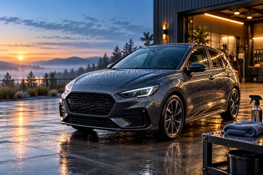 A gleaming charcoal hatchback sits outside a detailing studio at dawn, covered in sparkling water beads and warm reflections.