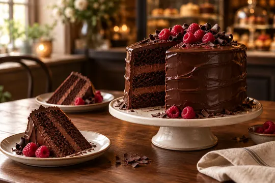 A richly frosted chocolate layer cake and plated slices rest on a ceramic stand at a warmly lit bakery table.