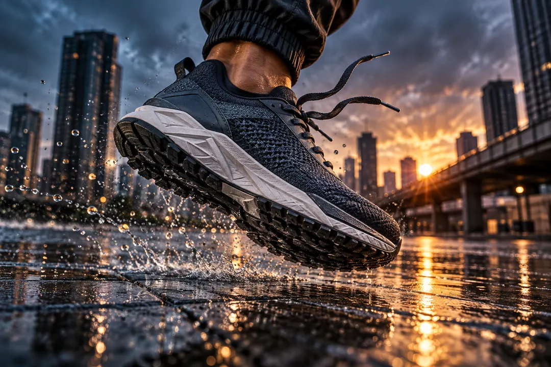 A sleek sneaker appears to leap above wet concrete as droplets and loose laces emphasize speed and attitude.