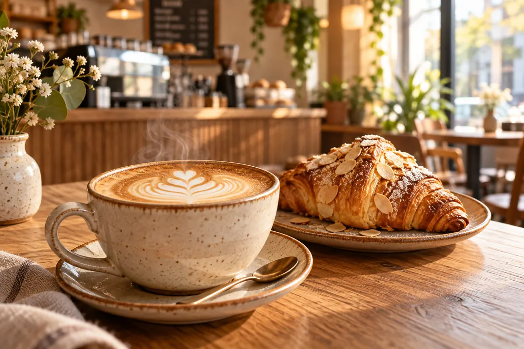 A cappuccino and almond croissant sit on an oak table in a softly sunlit, welcoming cafe.