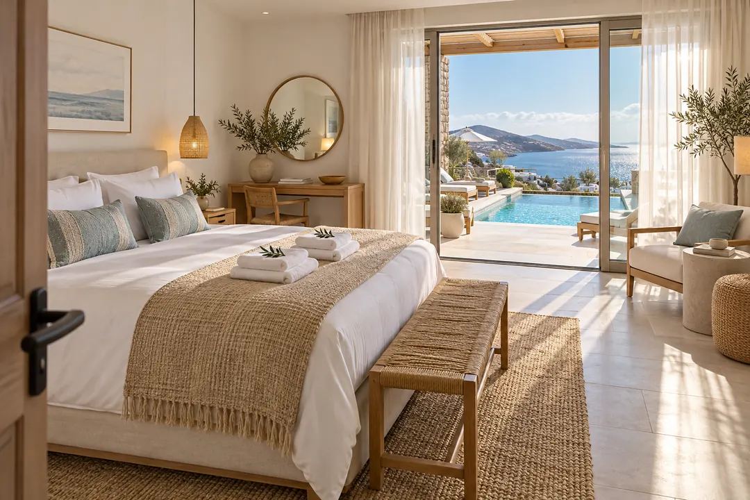 An airy hotel suite opens onto a balcony overlooking a turquoise pool and coastline in warm morning light.