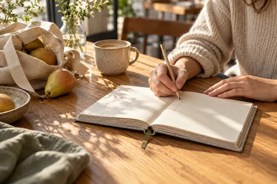 Hands write in a linen-bound journal at a sunlit café table beside a tote and seasonal pears.