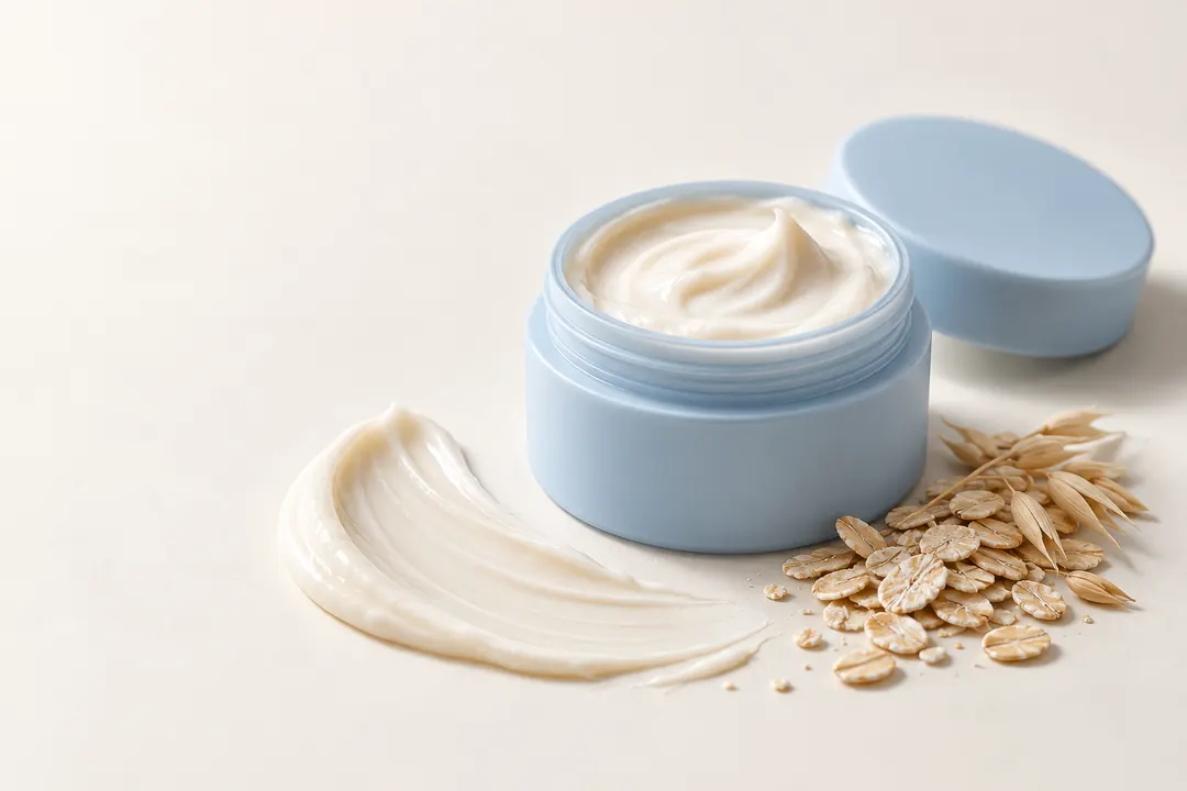 An open pale-blue moisturizer jar sits beside a curved cream swipe and dry oats on an ivory surface in soft daylight.