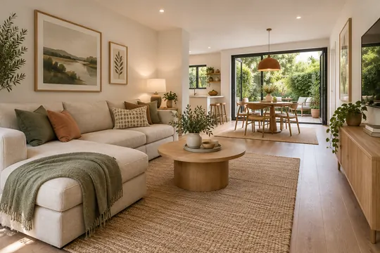 A bright open-plan apartment living room leads through glass doors to a leafy private patio.