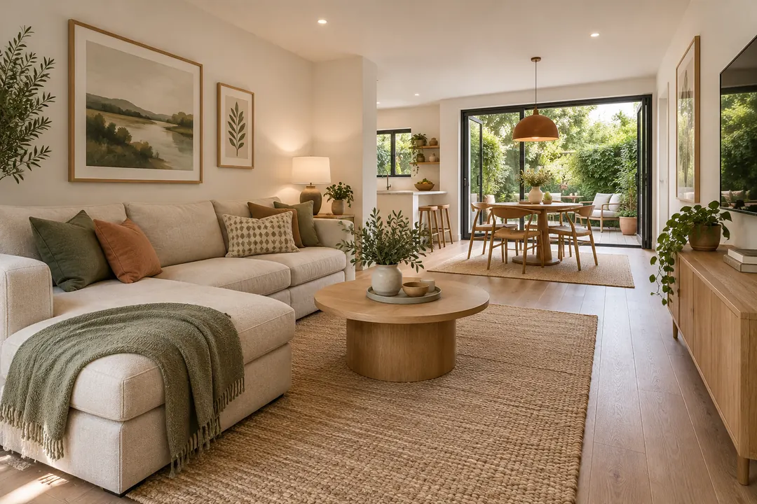 A bright open-plan apartment living room leads through glass doors to a leafy private patio.