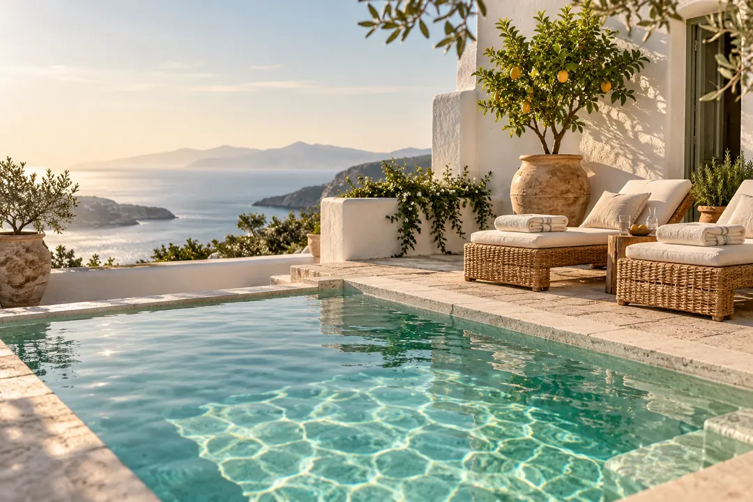 A sunlit coastal guesthouse pool with loungers, towels, and citrus greenery arranged in a serene courtyard.