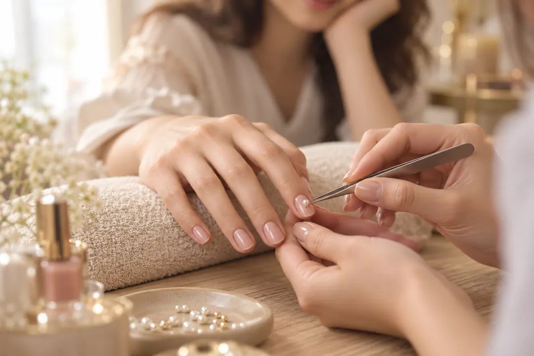 A close-up of a softly polished hand receiving a delicate pearl nail accent at a bright, elegant manicure table.