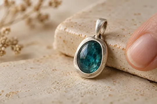 A silver oval pendant with a deep teal stone rests on cream ceramic beside a fingertip, photographed in soft window light.