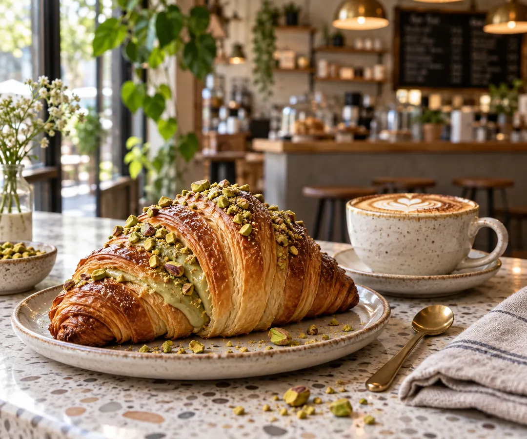 A pistachio croissant and cappuccino rest on a cafe counter with a softly blurred, warmly lit interior behind them.