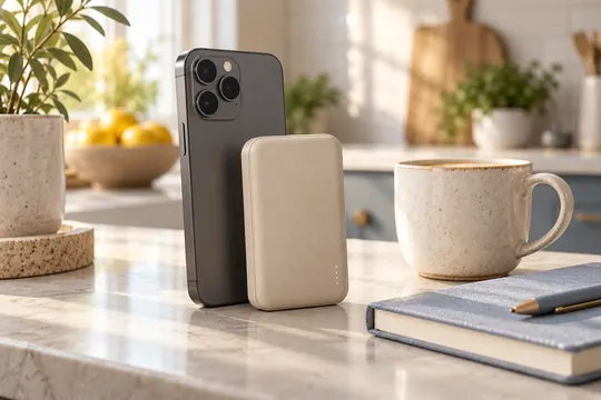 A slim matte-sand magnetic phone power bank stands beside a smartphone in a softly lit kitchen workspace.