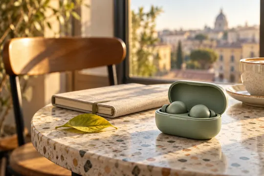 Matte sage wireless earbuds in an open charging case rest on a terrazzo café table in warm morning light.