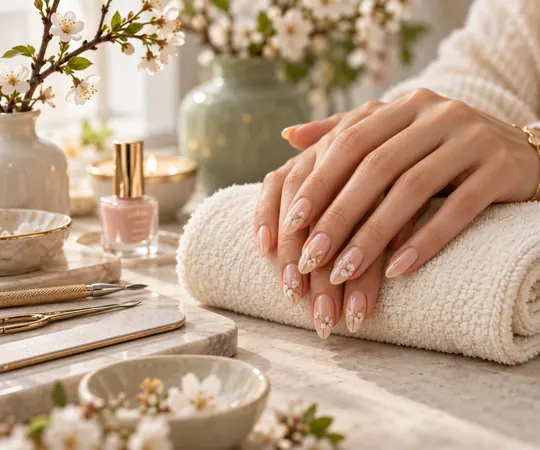 A close editorial view of a peach floral manicure resting on an ivory towel in a softly lit salon.