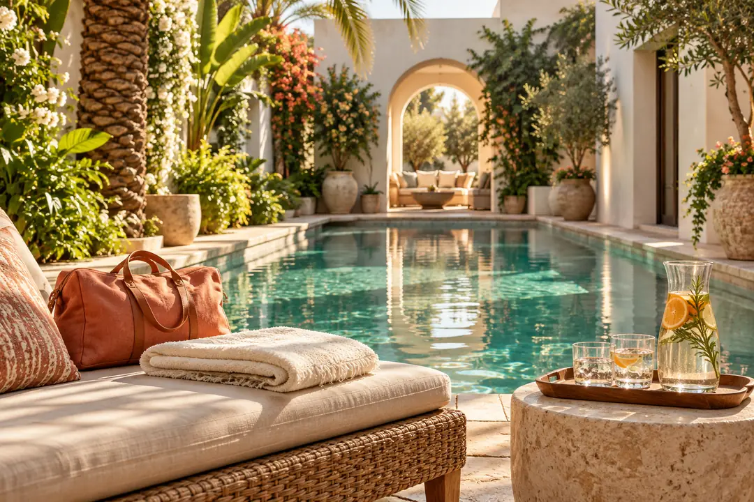 A sunlit boutique hotel pool courtyard styled with a lounger, towel, travel bag, and citrus water.
