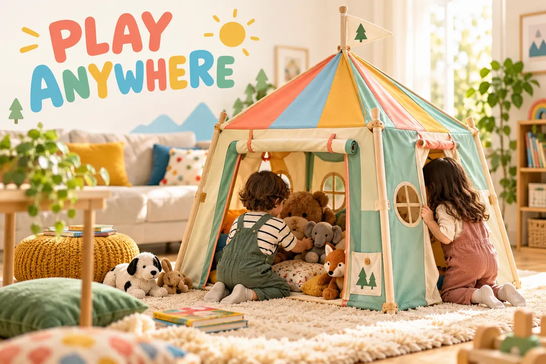 A colorful collapsible play tent sits on a sunny living-room rug while two children play inside with plush animals.