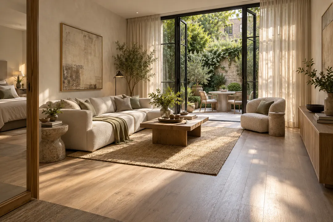 A bright modern apartment living room opens through tall glass doors to a leafy private courtyard.