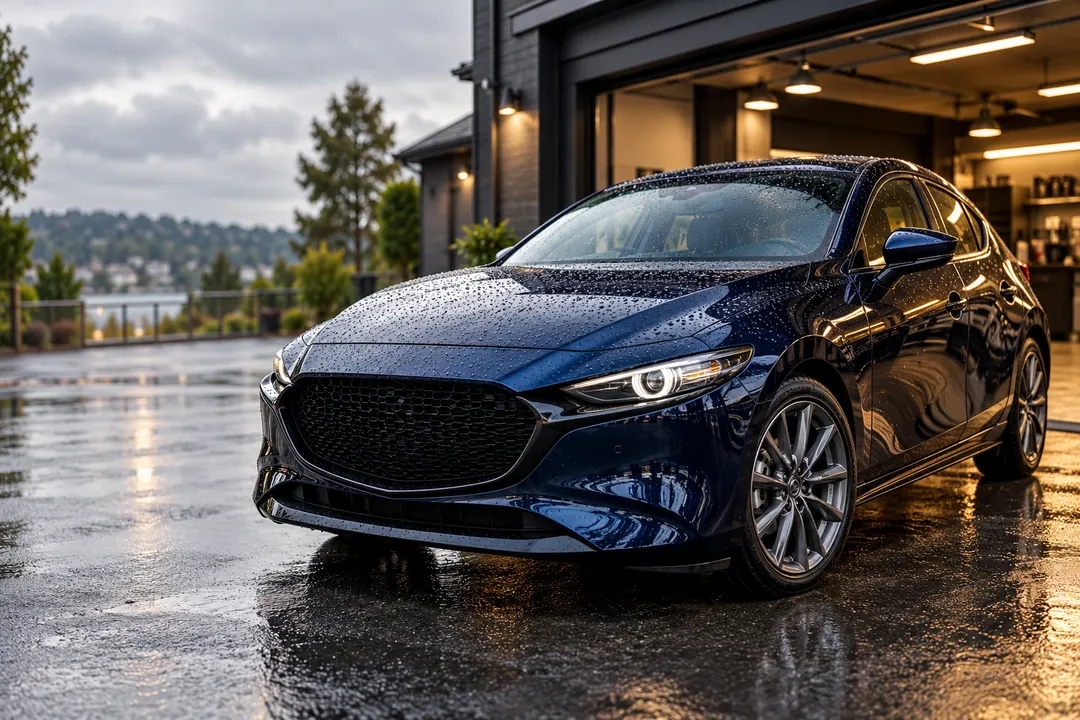 A freshly detailed blue hatchback with rain beads gleams outside a warmly lit detailing studio.