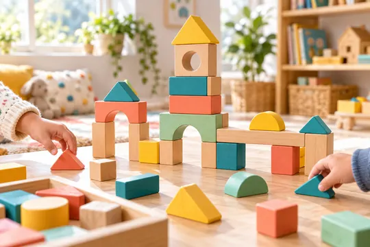 Colorful wooden building tiles form playful structures on a sunlit playroom table with blurred hands nearby.