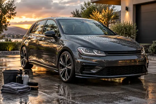 A spotless graphite hatchback gleams on a wet residential driveway beside a neatly arranged detailing kit.