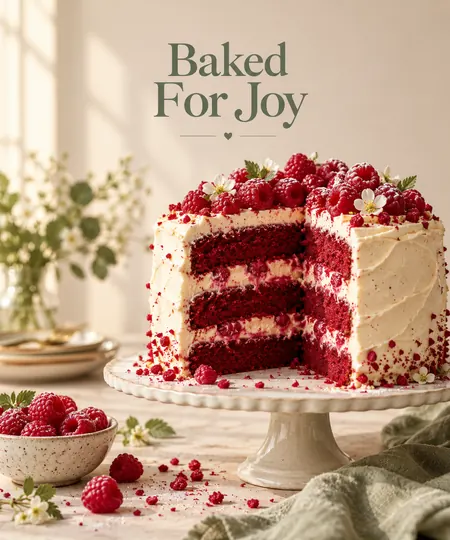 A raspberry velvet layer cake with vanilla cream and fresh berries sits on a ceramic stand in warm window light.