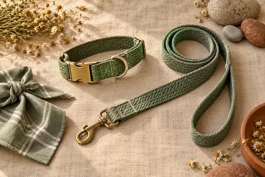 A sage-green woven dog collar and leash lie diagonally on linen beside a bandana, brass clasp, flowers, and river stones.
