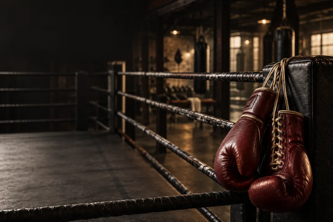 Oxblood boxing gloves hang over a charcoal ring corner, illuminated against a softly blurred gym with dark space for ad copy.