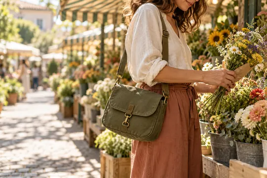 An adult shopper carries an olive canvas crossbody bag while choosing flowers at a sunny neighborhood market.