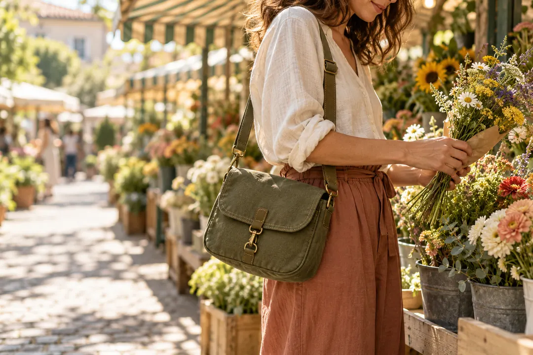 An adult shopper carries an olive canvas crossbody bag while choosing flowers at a sunny neighborhood market.