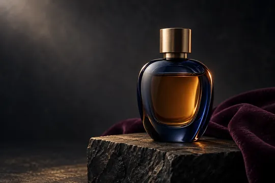 A smoky cobalt perfume bottle with a brass cap stands on a slate pedestal beside folded plum velvet in moody studio light.