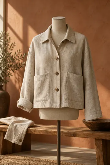 An oat linen overshirt hangs on a plaster dress form against a warm clay wall in soft afternoon light.