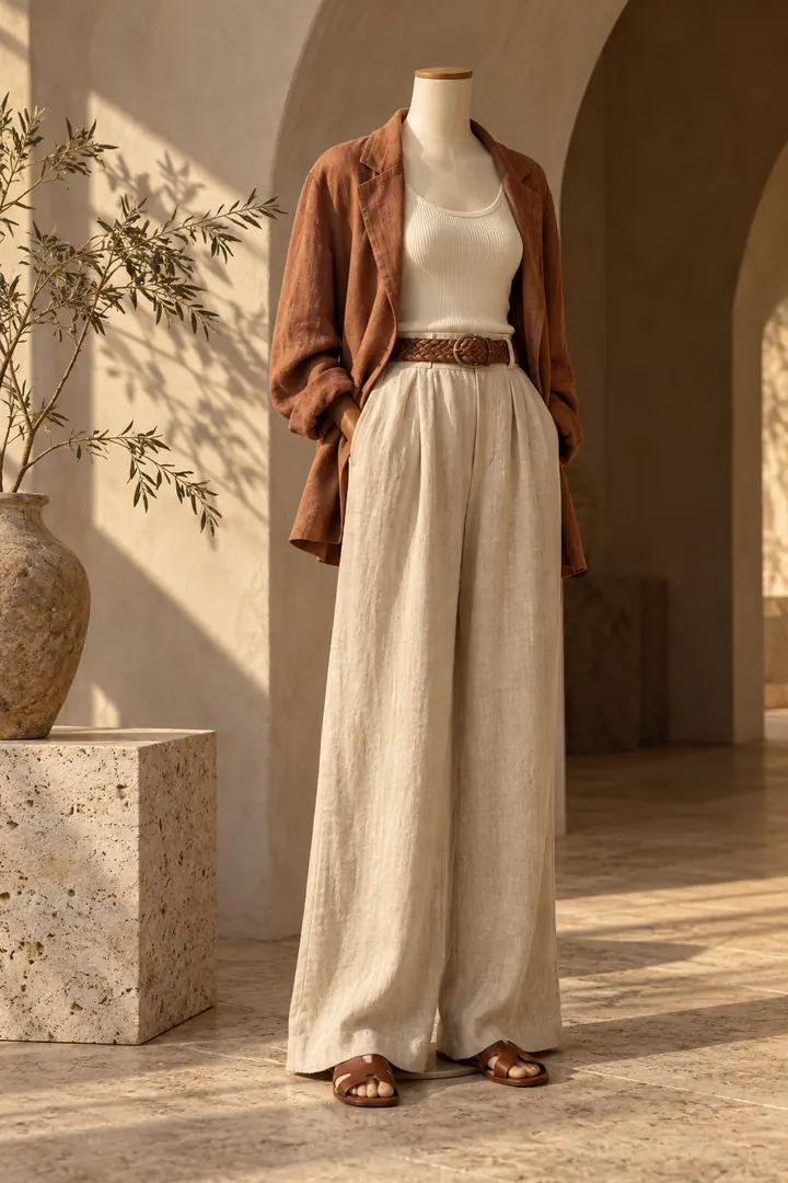 A coordinated linen outfit displayed on a faceless dress form in a warm minimalist studio with soft afternoon shadows.