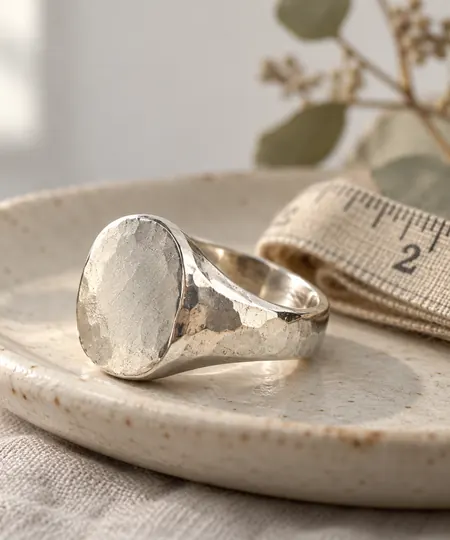A detailed sterling-silver signet ring rests on a cream dish beside a folded measuring ribbon in soft window light.
