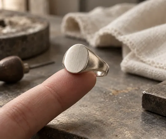 A finely detailed silver signet ring balances on an index fingertip above a softly blurred jeweler’s workbench.