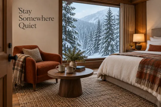 A warmly lit mountain hotel suite with a rust-colored armchair and two mugs overlooks snowy fir trees beneath a quiet-stay headline.