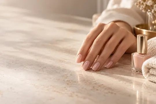 A close-up of a sheer blush manicure beside an unbranded polish bottle and folded towel in soft salon light.
