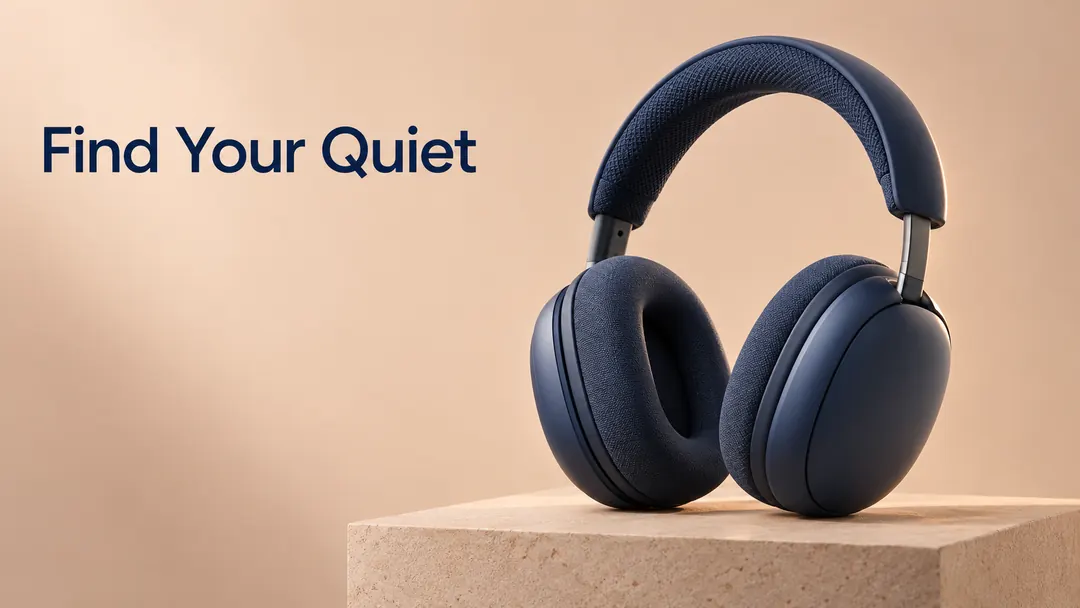 Midnight-blue over-ear headphones sit on a sand-colored plinth against an apricot background, with the headline Find Your Quiet on the left.