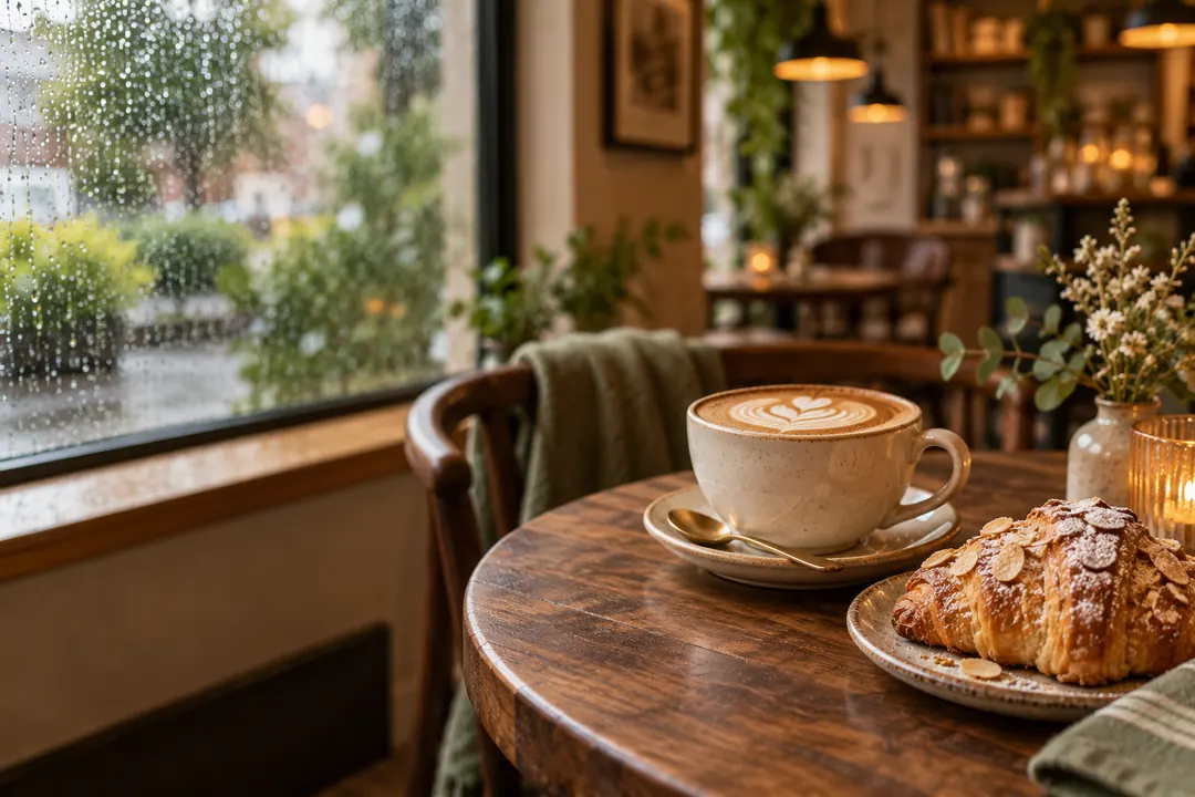 A cappuccino and almond pastry sit on a walnut table inside a cozy cafe beside a rain-speckled window.