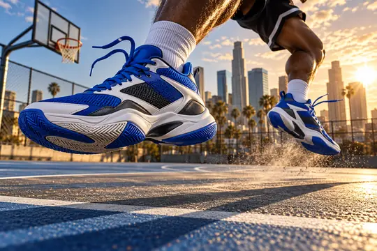 Unbranded cobalt and charcoal sneakers leap above an outdoor basketball court in dramatic afternoon light.