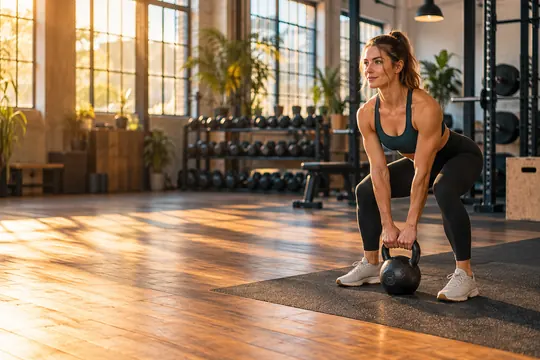 An athlete performs a kettlebell deadlift in a bright, welcoming gym with warm sunlight and clean equipment.