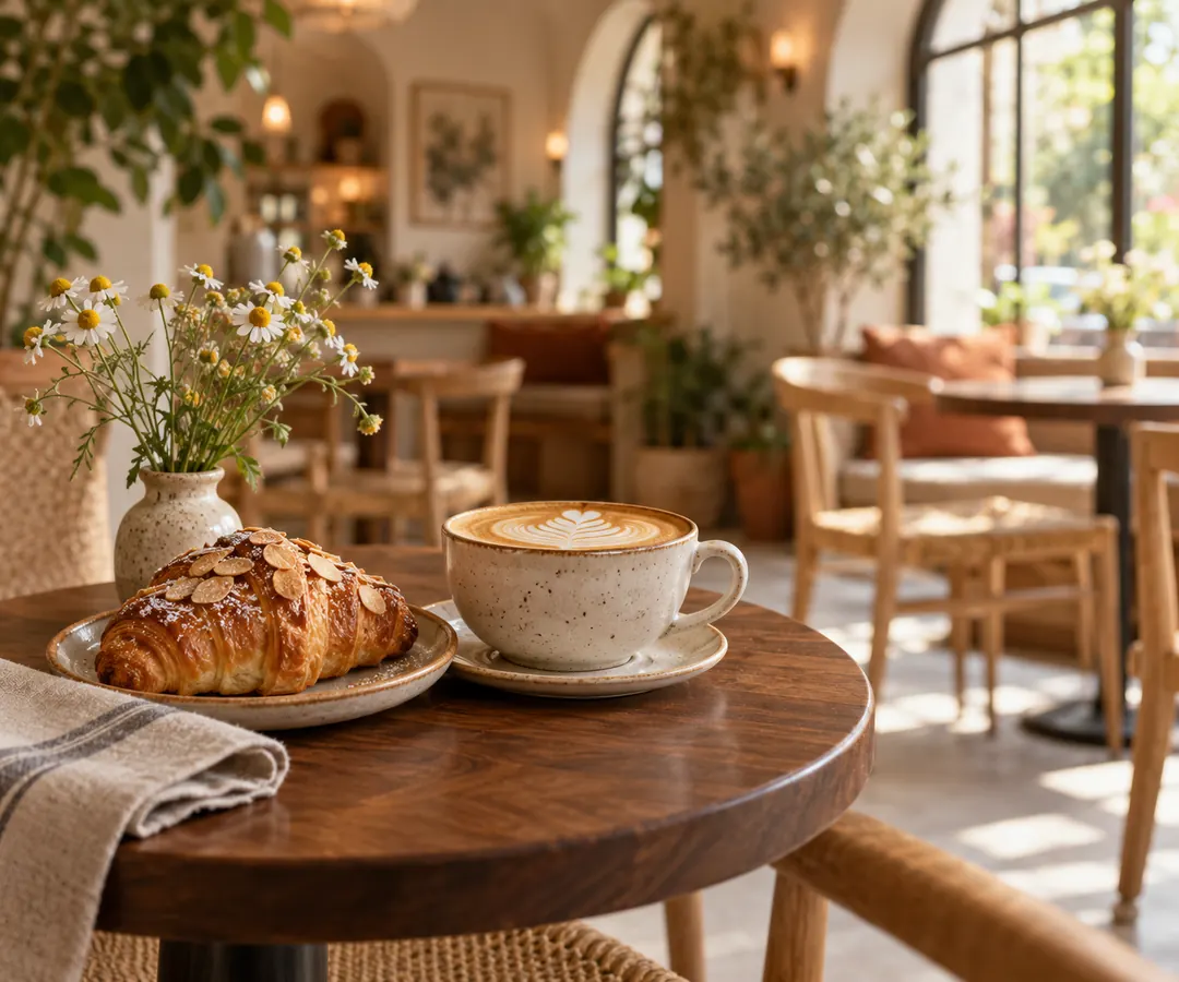 A cappuccino and almond croissant rest on a sunlit cafe table against a softly blurred, welcoming interior.