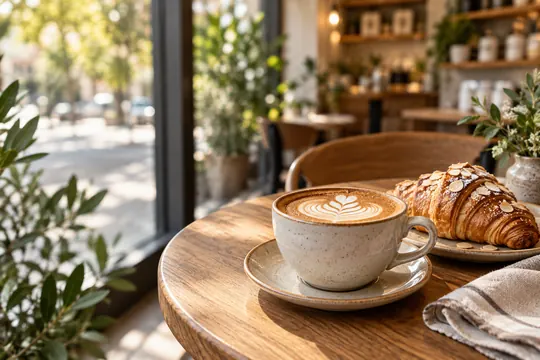 A cappuccino and almond croissant rest on an oak cafe table beside a bright window and leafy plants.