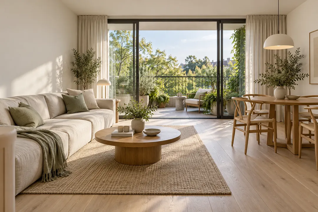 A bright apartment living room with neutral furnishings opens through sliding glass doors onto a planted balcony.