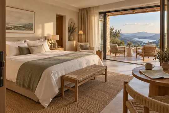 A bright boutique hotel suite with a king bed, terrace chairs, and blue hills glowing in soft afternoon light.