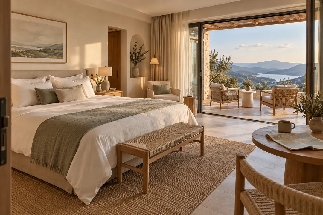 A bright boutique hotel suite with a king bed, terrace chairs, and blue hills glowing in soft afternoon light.