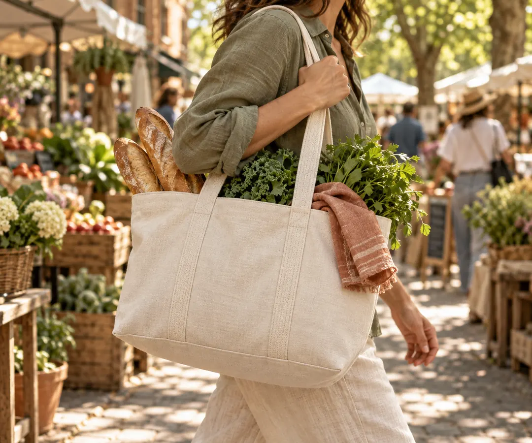 An adult carries a textured canvas market tote filled with fresh groceries along a sunlit leafy street.