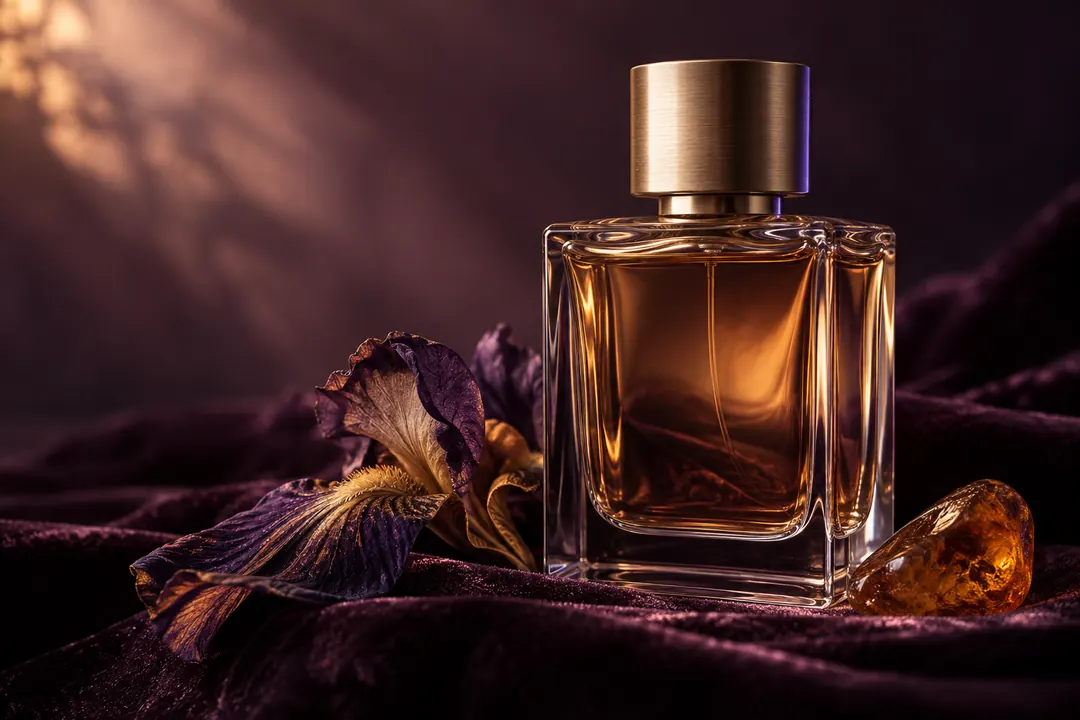 A champagne-capped perfume bottle glows against plum velvet, amber stone, and a dried iris in moody editorial light.