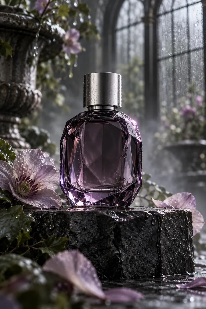 A smoky violet perfume bottle stands on wet basalt in a misty conservatory surrounded by translucent petals.