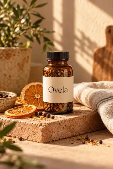 An amber seasoning bottle labeled Ovela stands on a terracotta block in warm kitchen light.