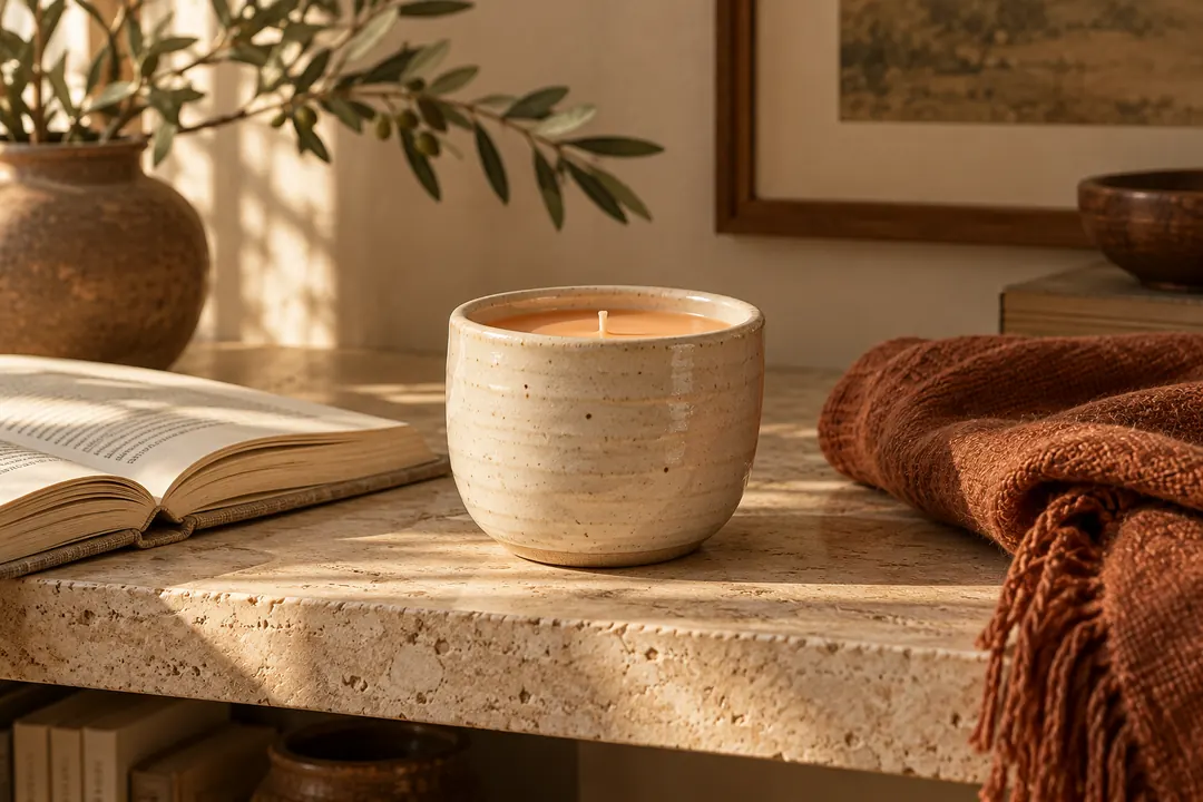 An ivory ceramic candle sits on a travertine shelf in a warmly lit reading nook beside a book, folded throw, and leafy branch.