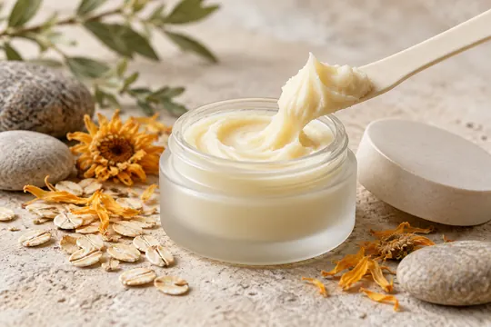 An unlabeled glass skincare balm jar sits beside a creamy texture swirl, oats, calendula petals, and smooth stones on pale limestone.
