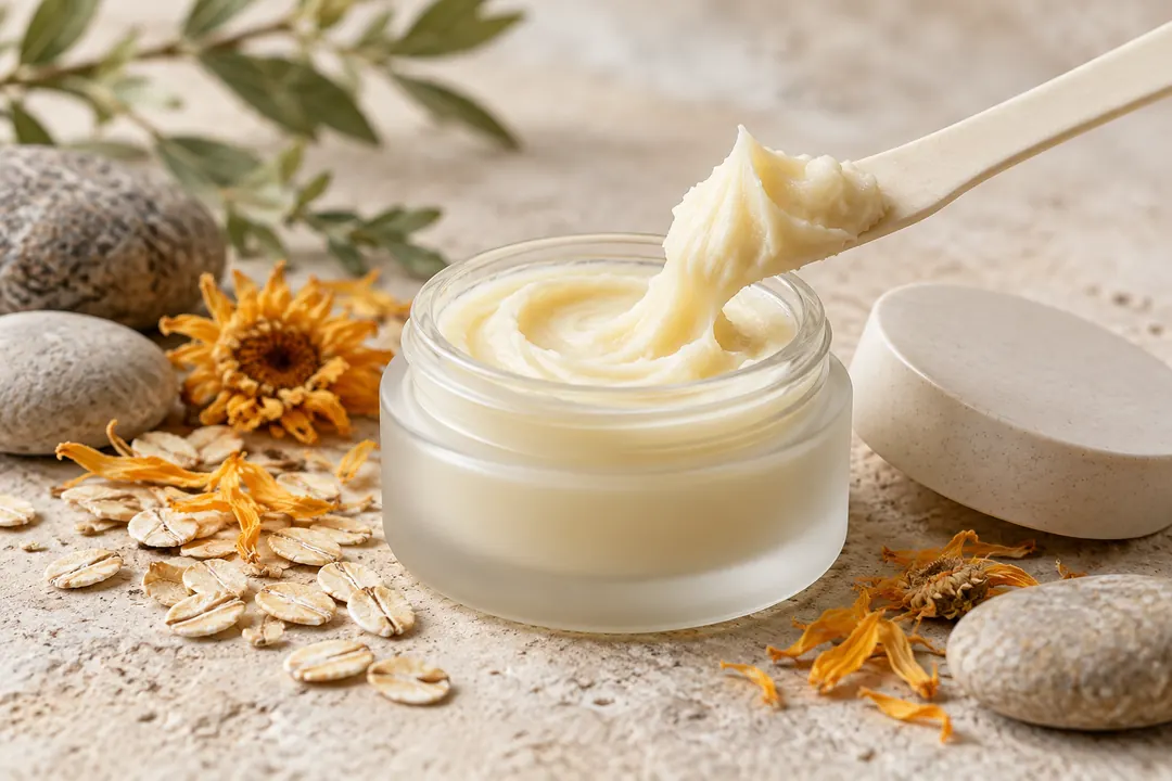 An unlabeled glass skincare balm jar sits beside a creamy texture swirl, oats, calendula petals, and smooth stones on pale limestone.